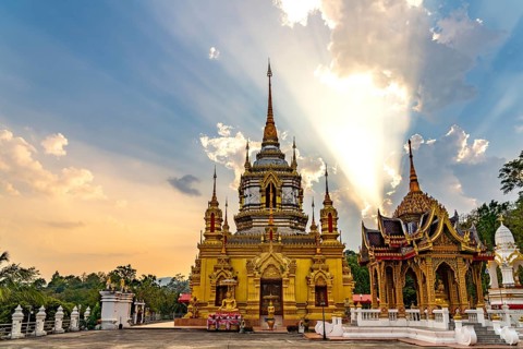 Sunbeams over the Buddhist temple Wat Namtok Mae Klang in Ban Luang, Chom Thong, Chiang Mai,