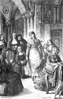 Nuns in traditional traditional costume watching a dance inside a convent, young woman showing