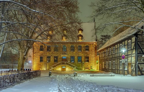 Landsbergschen Hof public library winter snow illuminated Stadthagen Germany