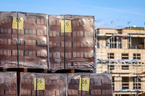 Bedburg, North Rhine-Westphalia, Germany, building material, clinker bricks packed on pallets,