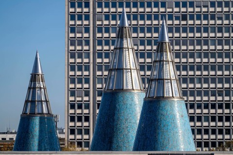 Building of the Federal Network Agency in Bonn, towers, cone of light of the Federal Art Gallery,