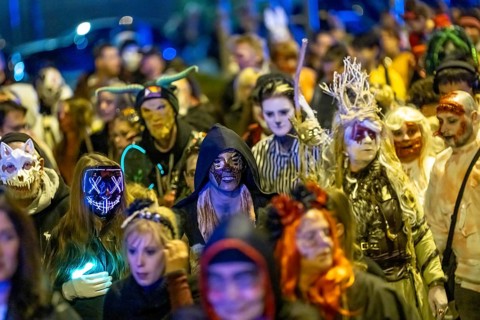 The Zombiewalk in Essen, on Halloween several hundred people, some dressed as scary zombies,