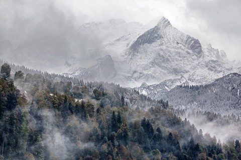 Winter onset, snowfall, snowfall, forest, mountain top, mountains, Garmisch-Partenkirchen,