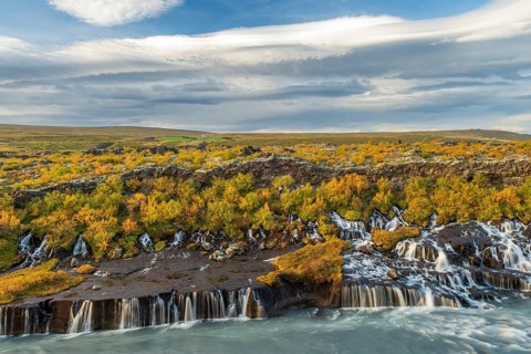 Autumn, Hraunfossar waterfalls on the river Hvítá, Vesturland, West Iceland, Iceland, Europe