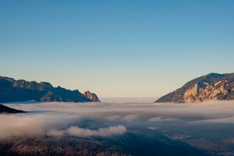 High fog cover over the valley, above Lattengebirge and Untersberg, Berchtesgaden Alps,