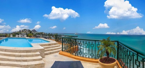Aerial view of Mazatlan sea promenade, El Malecon, with ocean tourist beaches and scenic landscapes