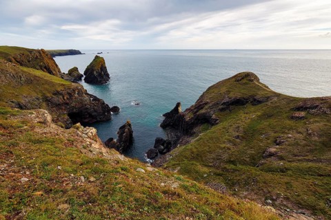 Rocky coast at Kynance Cove, cliffs, Mount's Bay, Lizard Peninsula, Cornwall, England, Great