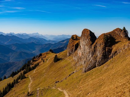 Hiking trails below the Rotwand-Köpfe, view of the Alpine panorama with Zugspitze, Mangfall