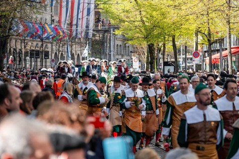 Parade of historically costumed guildsmen, Sechseläuten or Sächsilüüte, Zurich Spring Festival,
