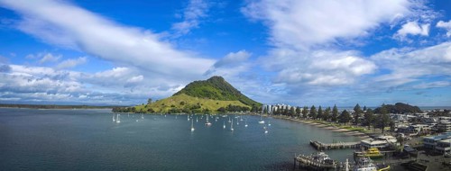 Tauranga harbour and Bay of Plenty scenic shoreline with Mount Maunganui