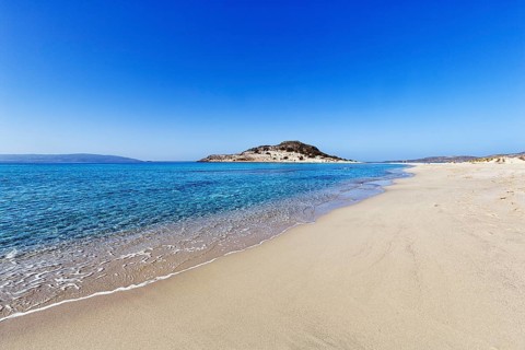 Crystal clear turquoise water, deserted dream beach in spring, Simos beach, Sarakiniko beach,