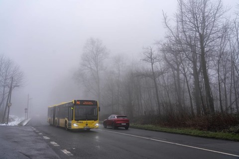 Dense fog, with visibility sometimes less than 100 metres, country road, Heisinger Straße, in