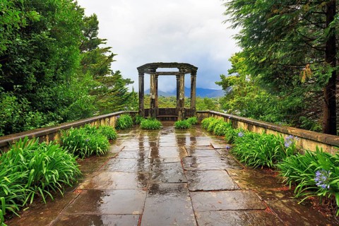 Greek temple, Ilnacullin, Garinish Island, gardens, rain clouds, rainy weather, Glengarriff, Bay of