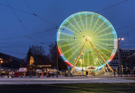 Illuminated Ferris wheel at the Golden Horseman during the Blue Hour, Augustusmarkt on the main