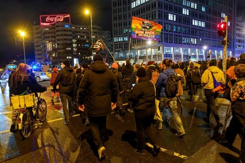 Anti-fascist protests in front of the Axel Springer skyscraper against the World Economic Summit, a