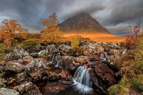 Waterfall, wild river, cloudy mood, morning light, autumn colours, autumn, mountains, Buachaille