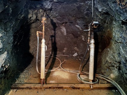 Mechanical drilling with a hammer drill in the Rammelsberg visitor mine, UNESCO World Heritage