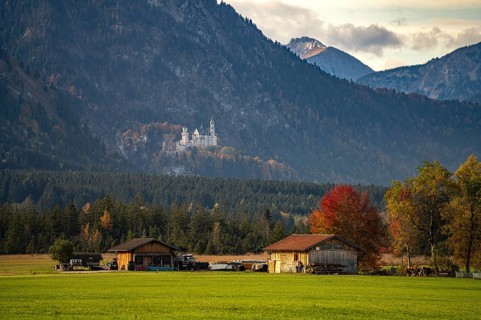 Farm and Neuschwanstein Castle in Schwangau, Allgäu, Bavaria, Germany, Europe