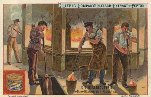 Picture series The glass industry, The blowing of glass bottles, Liebig picture, digitally restored
