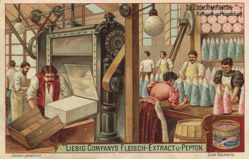 Picture series The sugar factory, refining and packaging, Liebig picture, digitally restored