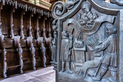 Wood carving on the choir of the monastery church, Maulbronn Monastery, Maulbronn,