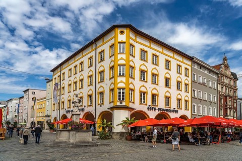Max-Josefs-Platz with the Nepomuk Fountain and Cafe Bergmeister in Rosenheim, Bavaria, Germany,