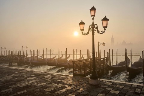 View from 'Colonna di San Marco e San Teodoro' on a latern and the gondolas lying in the water with
