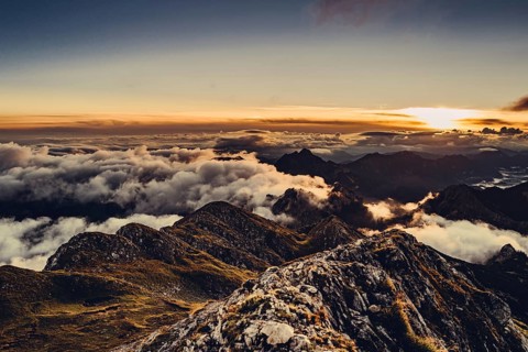 Sunrise hike on the Hochplatte in the Ammergau Alps, Ammergebirge in the Allgäu, Bavaria, Germany,