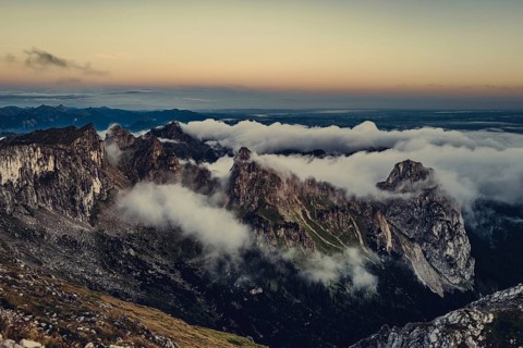 Sunrise hike on the Hochplatte in the Ammergau Alps, Ammergebirge in the Allgäu, Bavaria, Germany,