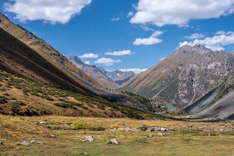 Picturesque mountain valley, mountain landscape with white mountain peaks, Tian Shan Mountains,