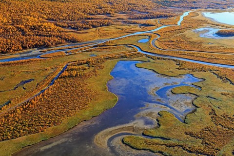 Lake, river, river delta, autumn colours, autumn, mountains, sunny, aerial view, Rapadalen,