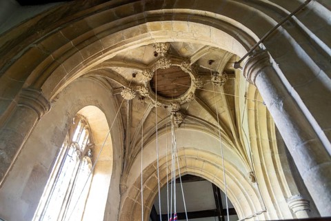 Bellringing ropes in bell tower of parish church of Saint Andrew, Ogbourne St Andrew, Wiltshire,