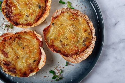 Scallop shells, stuffed, baked with cheese, in the oven, julienne with scallops