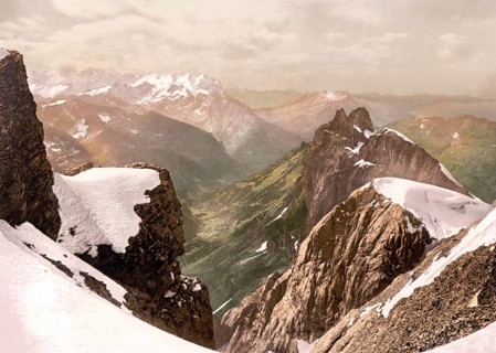 Titlis, Blick auf die Alpen, Berner Oberland, Schweiz, Historic, digitally restored reproduction