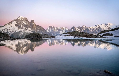 Evening mood, mountain landscape at sunset, water reflection in Lac Blanc, mountain peak, Aiguille