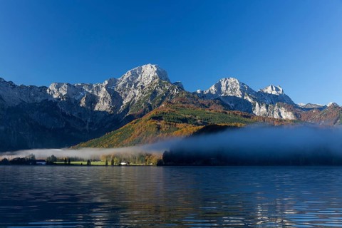 Autumn mood at lake Almsee, Grünau, Austria, Totes Gebirge, Europe
