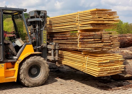 Solingen, North Rhine-Westphalia, Germany - Spruce logs are processed into construction timber,