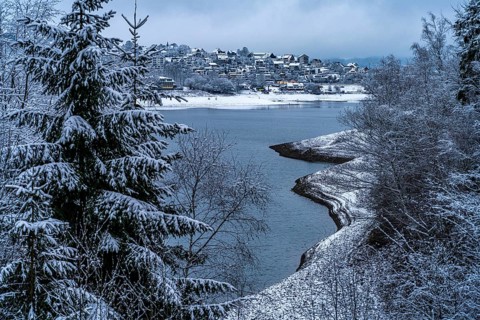 Snowy winter landscape on the Sorpe near Langscheid, Sundern, Hochsauerlandkreis, North