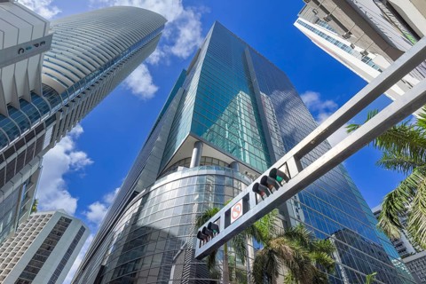 Miami downtown financial skyline and business shopping center near Biscayne bay and South beach .