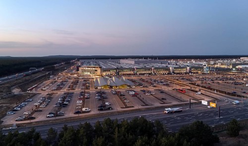 The Tesla Gigafactory at the blue hour, Grünheide, 07.03.2025, Grünheide, Brandenburg, Germany,