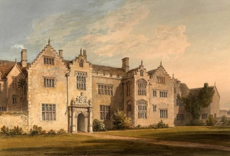 North-east view of Harlaxton Manor House, Lincolnshire, England, digitally restored reproduction of