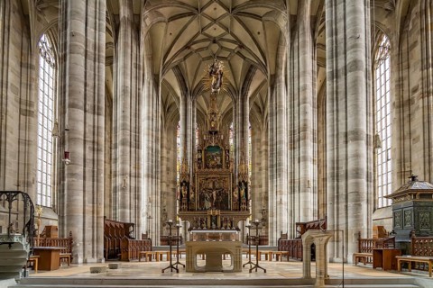 Interior and altar of the Catholic parish church of St George, Dinkelsbühl, Middle Franconia,