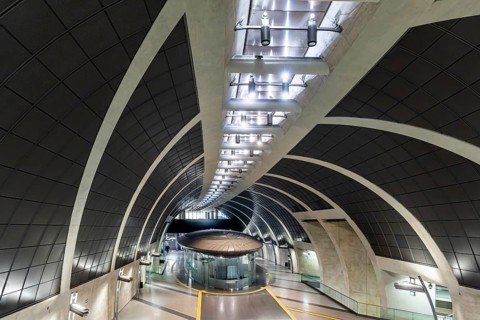 Modern architecture of the Heumarkt light rail station. Kölner Verkehrs-Betriebe AG (KVB) is a