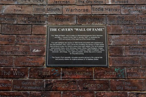 The Cavern Wall of Fame, Cavern Club, Mathew Street, city centre of Liverpool, Merseyside, England,