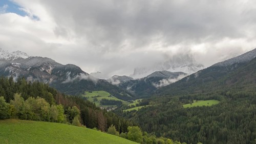 View of the cloudy Peitlerkofel group, Dolomites, St.Peter, Villnöß, Funes, Villnößtal, South