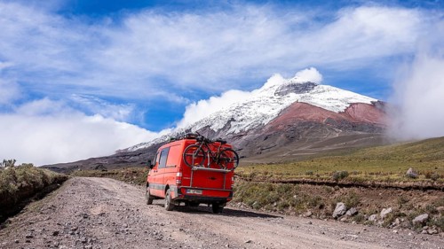 Off-Road camper van on the way to Cotopaxi, Cotopaxi, Cotopaxi National Park, Latacunga, Ecuador,
