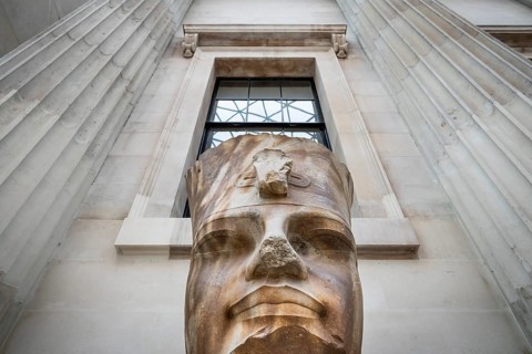 Ammenhotep III, larger-than-life head, quartzite, Entrance Hall, British Museum, London, England,