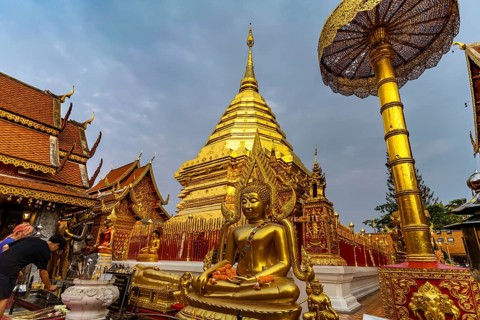Golden Chedi of the Buddhist temple complex Wat Phra That Doi Suthep, landmark of Chiang Mai,