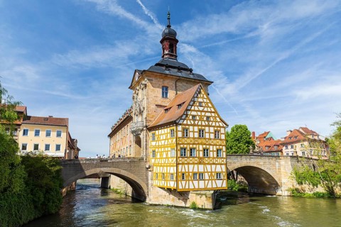 Old Town Hall in the Regnitz and Upper Bridge, Bamberg, Bavaria, Germany, Europe