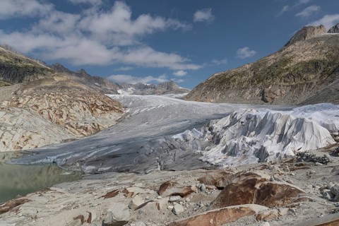 Rhone Glacier, Obergoms VS, Wallis, Switzerland. Under the white blankets is the ice grotto